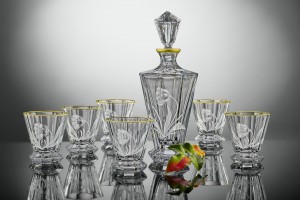 Whisky or rum set made from bohemia crystal, decorated with gold restrainly
