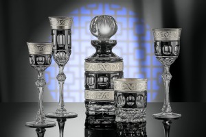 Platinum decorated collection of glasses and bottle