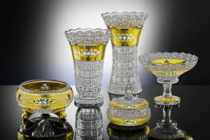 Bowl, basket and vases - gold decorated cut crystal