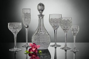 Set of decanter and glasses for wine, cognac, or champagne - hand cut crystal