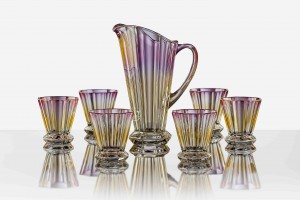 Colored crystal glasses and jug
