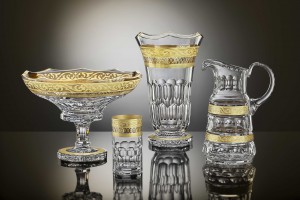 Hand cut and gold decorated collection - jug, bowl glass and vase