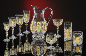 Decorated and cut bohemian crystal glass. Jug and glasses collection