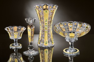Decorated and cut bohemia crystal glass - vase, bowls and candle stick. Made from 24% PbO glass.