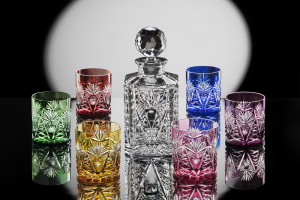 Whisky or rum set of glasses and bottle - crystal cut colored glassware