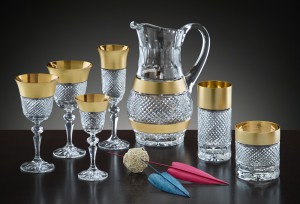 Glassware set - jug, liquor and wine glasses, whisky and hig ball glasses - cut and decorated bohemia crystal